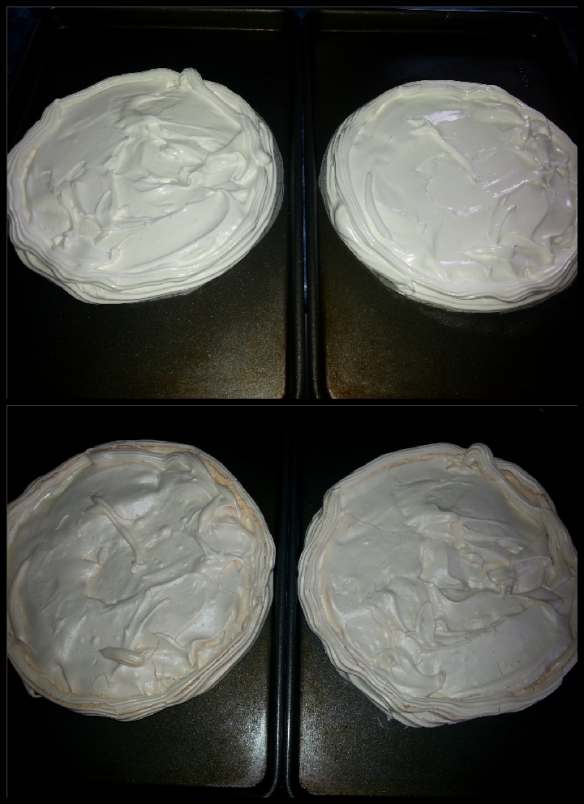 I cut my baking paper into circles and piped along the edges and filled them up with meringue in the centre. The top pic is what it looks like before it goes into the oven and the bottom is the baked product.